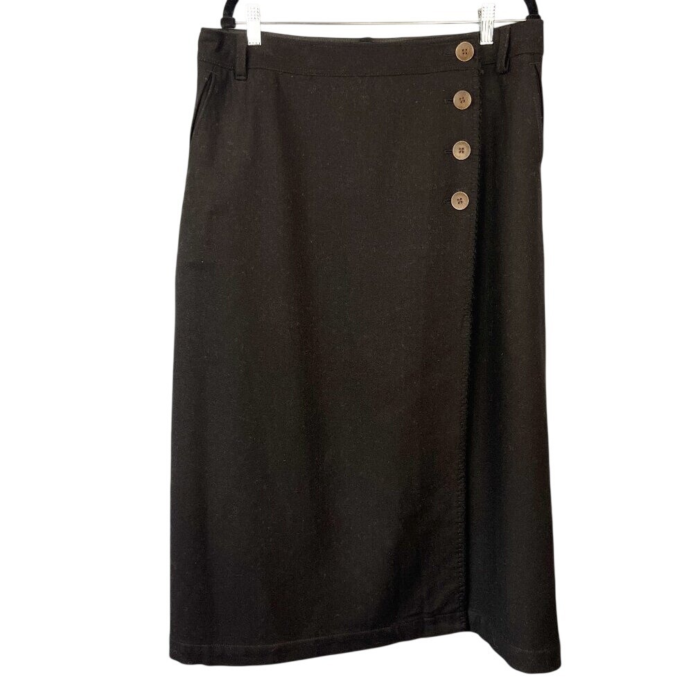 Eddie‎ Bauer Black Wool Midi Wrap Skirt Four Button Closure Pockets Size 14